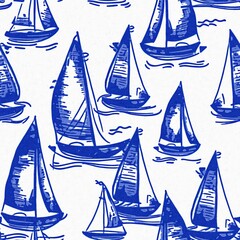 Coastal sail boat in azure ocean blue seamless background, Modern sailing race boat block print for decorative coast interior furnishing fabric . Rustic linen beach cottage trend tile. 