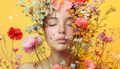 Creative art collage with beautiful meadow flowers and woman on color background