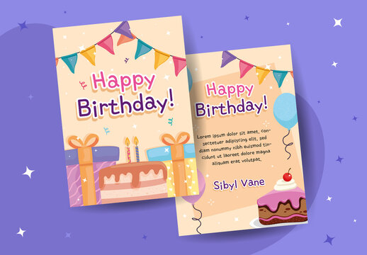 Pastel Birthday Illustration Festive Celebration Template. Cute Party Invitation Template