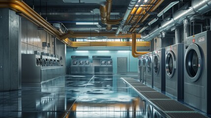 Obraz premium A modern industrial laundry facility interior with rows of large washing machines and dryers. The clean, metallic design and the organized layout of the facility highlight its efficiency and advanced