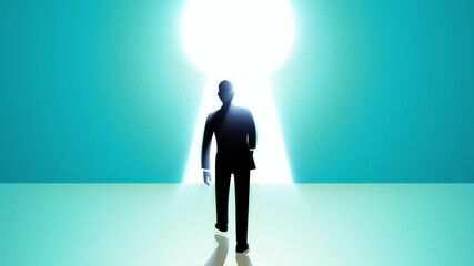 Motion graphic shows a man walking into a bright gate shaped like a keyhole. Perfect for opportunity, new beginnings, and discovery themes, symbolizes unlocking potential and stepping into the future