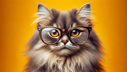 A close-up of a fluffy grey cat with striking large yellow eyes, wearing round-framed glasses, against a solid orange background.
