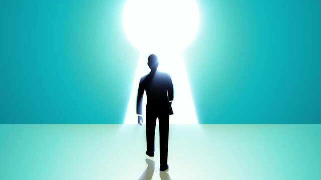 Motion graphic shows a man walking into a bright gate shaped like a keyhole. Perfect for opportunity, new beginnings, and discovery themes, symbolizes unlocking potential and stepping into the future