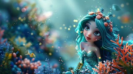 Colorful 3D Cartoon Mermaid Painting Underwater Sea Creatures in Aqua and Coral Tones with Copy Space