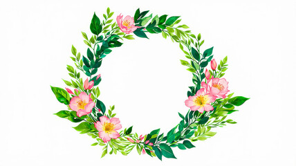 Beautiful Floral Wreath Illustration with Pink Flowers and Green Leaves on White Background - Perfect for Invitations, Greeting Cards, and Spring Designs