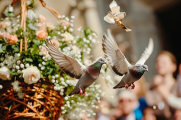 Two birds fly gracefully through the air, showcasing their flight skills in synchronized harmony, Pigeons flying out of a wicker basket in a wedding ceremony, AI Generated