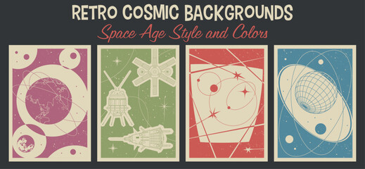 Retro Cosmic Background Set, Space Age Style and Colors. Specraft, Probe, Earth, Moon. Vector Template for 1950s - 196s Style Space Posters, Covers, Illustrations  © koyash07