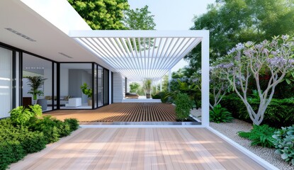 modern minimalistic wooden terrace with a white trellis, surrounded by green plants and trees.