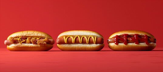 Three hotdogs one with onions, one ketchup. and one mustard
