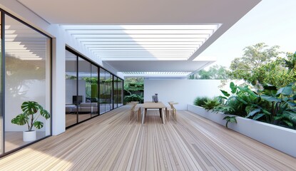 modern minimalistic wooden terrace with a white trellis, surrounded by green plants and trees.