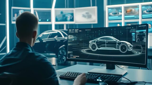 A young male engineer works on car prototype designs on a computer in a modern lab setting. The high-tech environment features multiple screens displaying car specs. The scene is dynamic and focused.