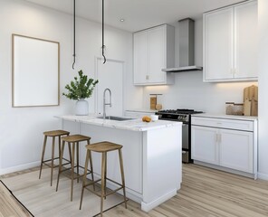 Fototapeta premium small kitchen with white cabinets, a marble countertop and wood barstools