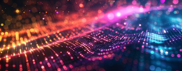 Abstract Digital background with glowing particles and lines symbolizing data transfer in cyberspace. Ideal for tech, AI, and graphics themes.