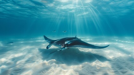 Obraz premium a majestic manta ray, gliding gracefully over a sandy ocean floor
