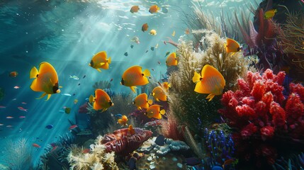 Obraz premium a school of bright yellow angelfish, swimming amidst a lush coral garden