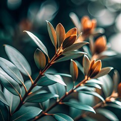 Close-up photograph of a green branch with plant leaves