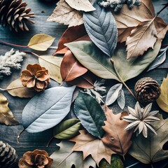 autumn leaves on a wooden table. Leaves close-up for background, cover, design of printed materials