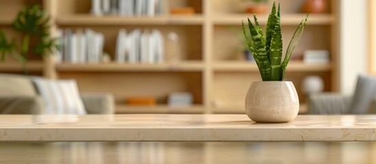 A beige marble countertop in the foreground, with an out-of-focus living room interior featuring bookshelves