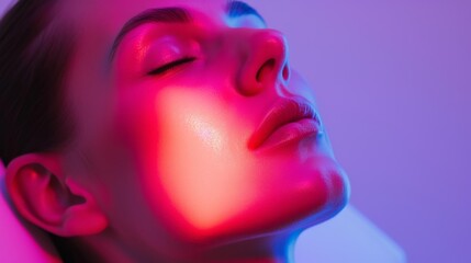 A serene close-up of a woman's face bathed in vibrant neon lighting during a facial therapy session. The vivid colors highlight the smooth texture of her skin, emphasizing the calming and rejuvenating