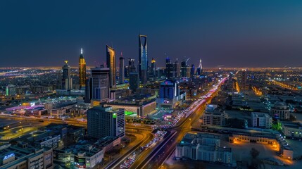 Aerial View of Riyadh Cityscape at Night with Illuminated Buildings and Traffic