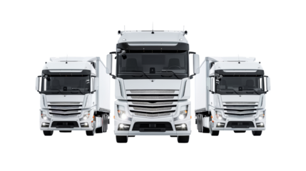 Fleet of three white heavy trucks isolated on transparent background. Logistics and transportation concept. PNG, cutout. 