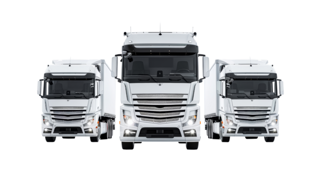 Fleet of three white heavy trucks isolated on transparent background. Logistics and transportation concept. PNG, cutout. 