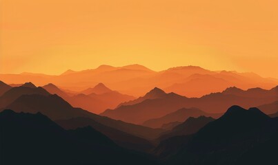 Fototapeta premium Abstract orange sunset over silhouetted mountains. Minimalist landscape bathed in warm hues, nature's canvas of evening serenity