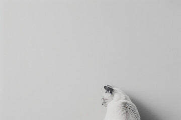 White cat looking away sitting against a light gray wall