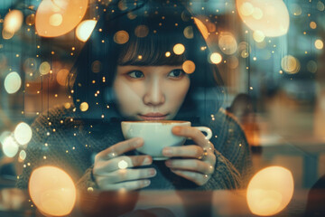 Woman with black hair holding a cup of coffee with bokeh lights in the background