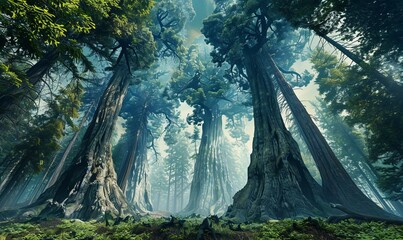 Ancient redwood trees towering over a forest floor, their immense size and age inspiring awe
