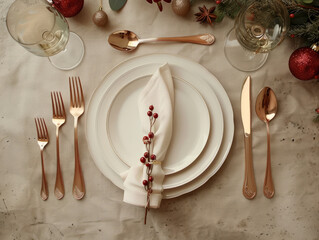 High angle view of elegant holiday dinner table place setting Christmas ambience luxury china plate decor festive Christmas New Years party background restaurant fancy interior background copy sauce