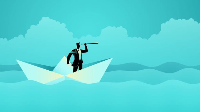 Businessman using a telescope while standing on a paper boat in the middle of a vast ocean. Ideal for exploration and vision themes, symbolizes strategic planning and the quest for opportunities