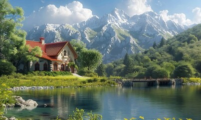 Fototapeta premium A house next to a pond, with a bridge and distant mountains, realistic style