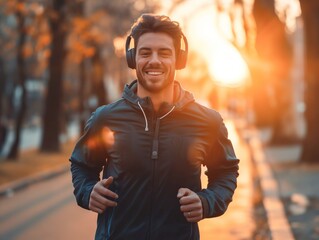 Homem correndo ao ar livre, fazendo atividade física com lindo sol ao fundo