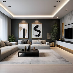 Minimalist interior design of modern living room with abstract art frame.