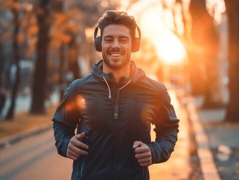 Homem correndo ao ar livre, fazendo atividade f&iacute;sica com lindo sol ao fundo