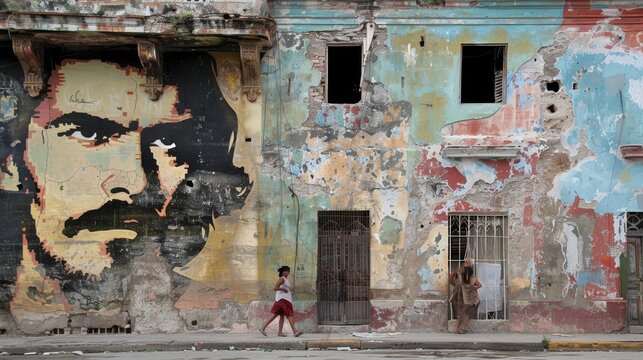 Havana, Cuba, March 13, 2009. A mural with the image of Che, on a wall of an old building in poor condition. At the end of the street there are two women.