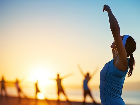 Mulheres durante atividade de Yoga ao ar livre, com lindo sol da manh&atilde; preenchendo