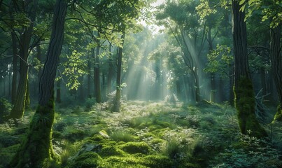 Obraz premium Contemporary emerald green forest scene, lush foliage and filtered sunlight. Moss-covered trees add depth to the verdant landscape, a tranquil escape into nature