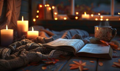 Cozy corner with a knitted plaid, lit candles, open book, hot coffee, autumn vibes