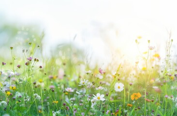 green grass field with wild flowers, white sky background, blurred background