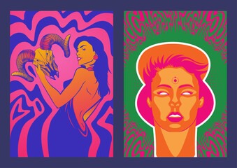1960s Style Psychedelic Posters, Sexy Women, Ram Skull, Blind Woman, Psychedelic Acid Colors Background Set 