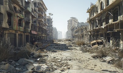Fototapeta premium Desolation reigns in the war-torn cityscape, where silence speaks volumes about past strife and resilience
