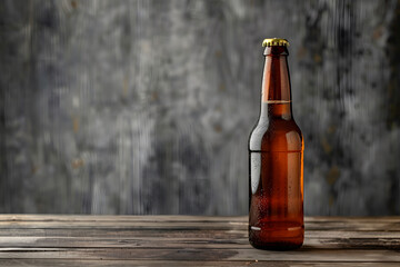 Beer bottle with a blank label and condensation, standing alone on a dark background.






