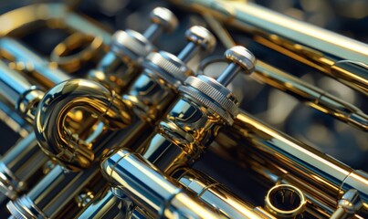 Examine the intricate valves and tubing of a trumpet, its gleaming brass and embouchure ready to breathe life into jazz improvisations