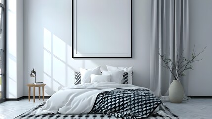 Simple and elegant bedroom with a neutral color scheme and framed artwork.