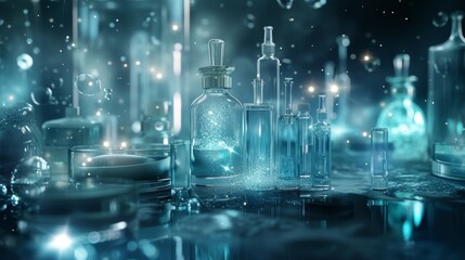 An enchanting display of various glass bottles and beakers in a futuristic, mystical setting. The glowing blue and green hues, combined with sparkling particles, create a magical atmosphere, ideal for