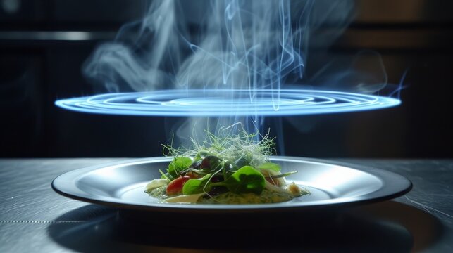An elegantly plated gourmet salad dish topped with fresh herbs and vegetables, enhanced by a stunning smoke effect. This image showcases the creativity and sophistication of modern culinary