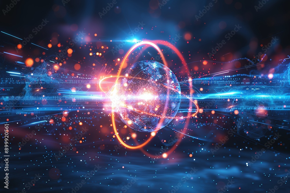 Poster abstract digital energy sphere with glowing particles and futuristic technology design on a dark bac