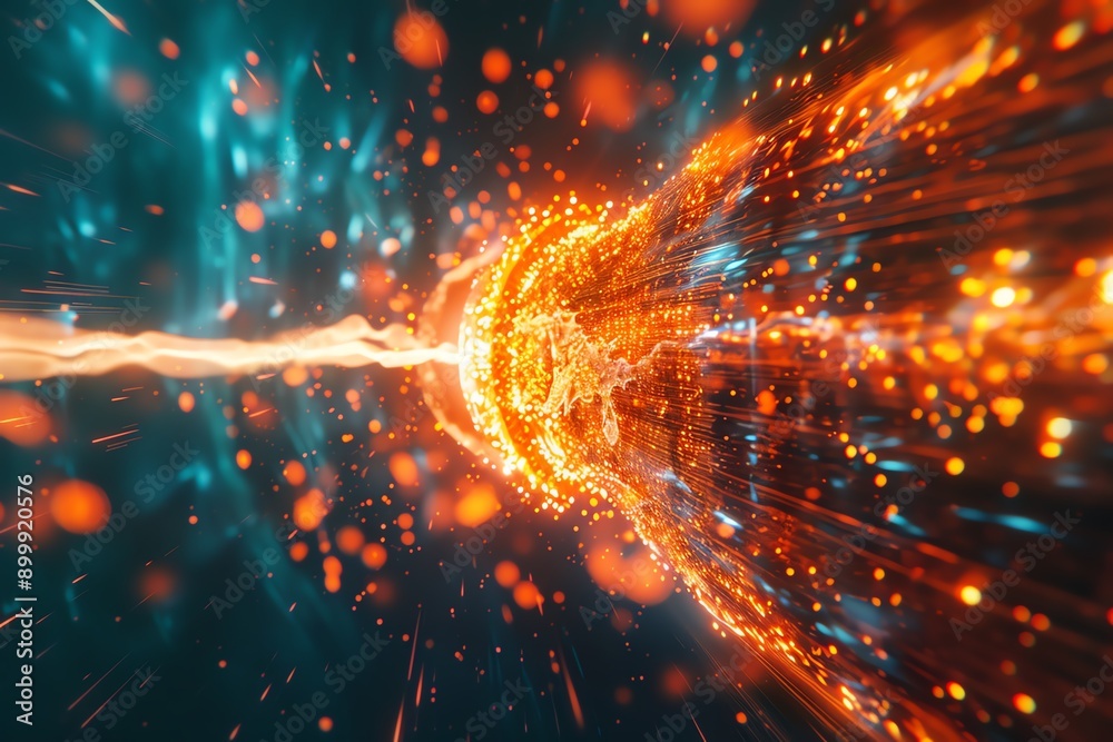 Poster abstract digital technology background with bright orange and teal lights. dynamic energy and futuri